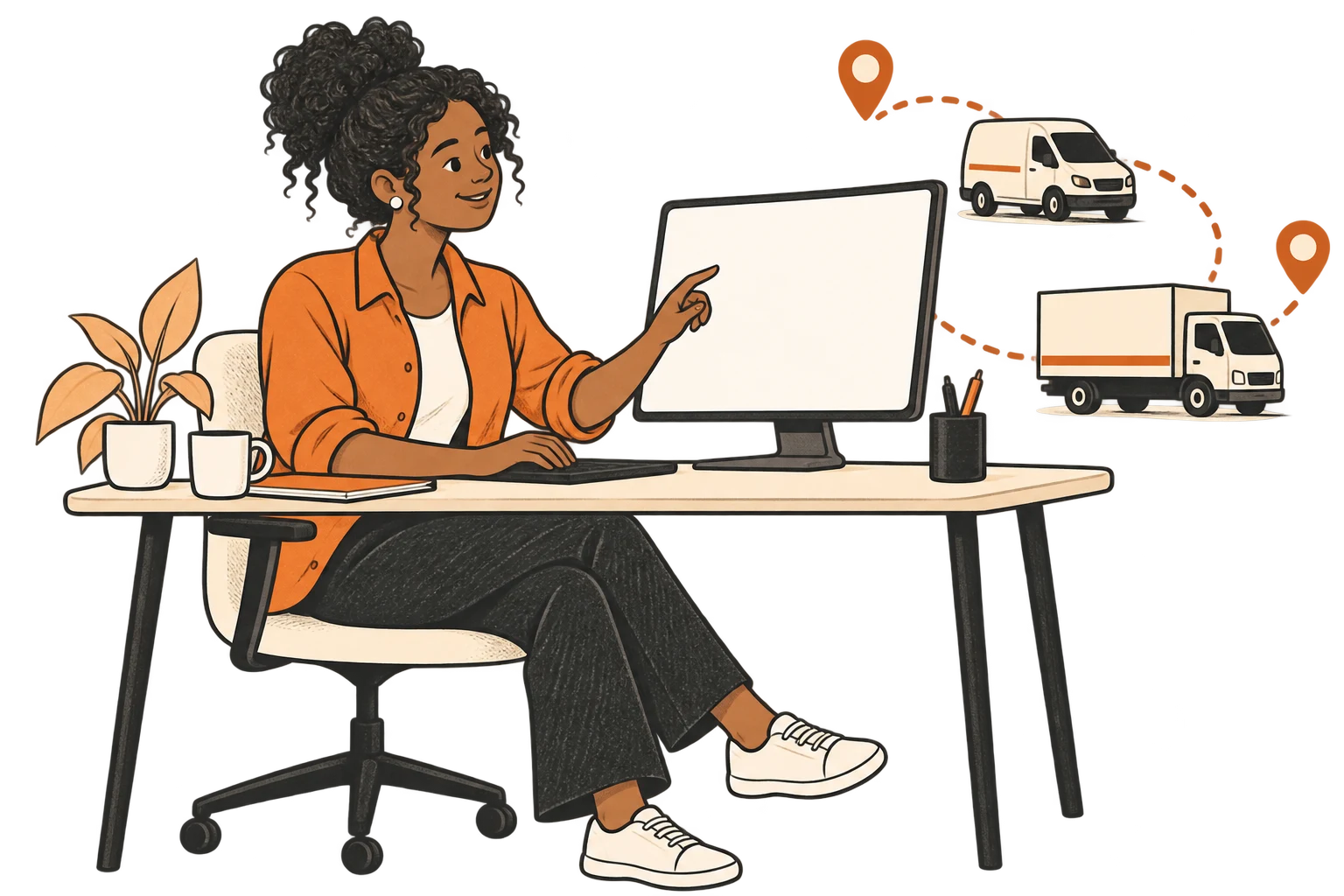 An illustrated dispatcher points to her route screen, with a delivery van and a box truck beside her desk.