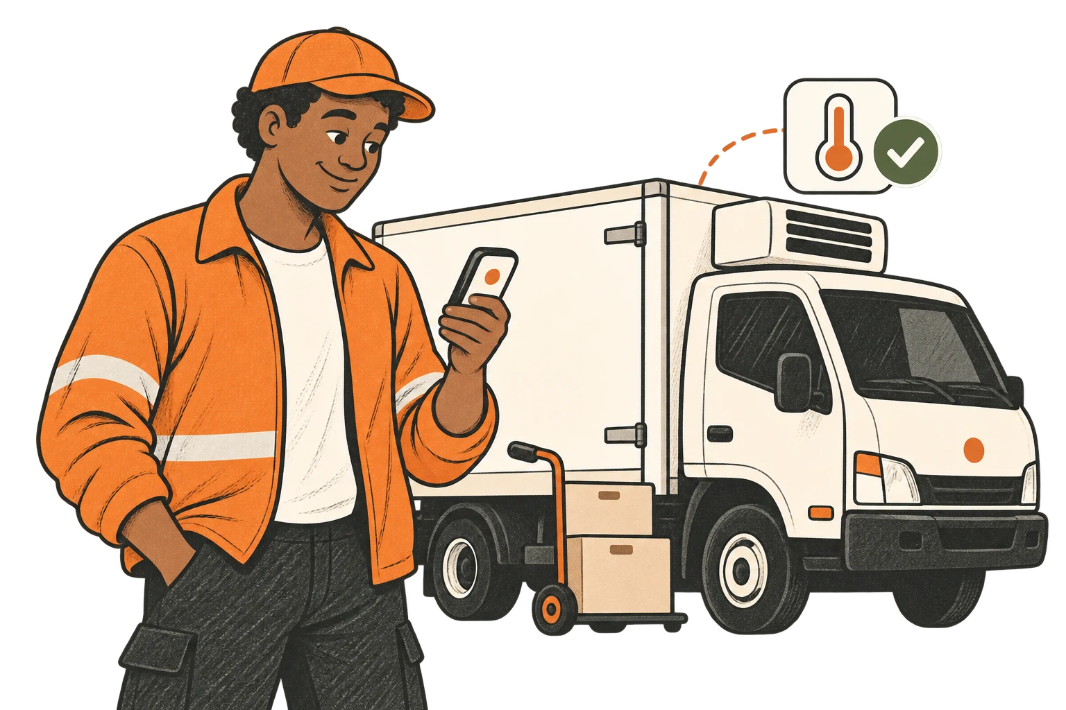 An illustrated driver and dispatcher review temperature tracking for a food delivery.